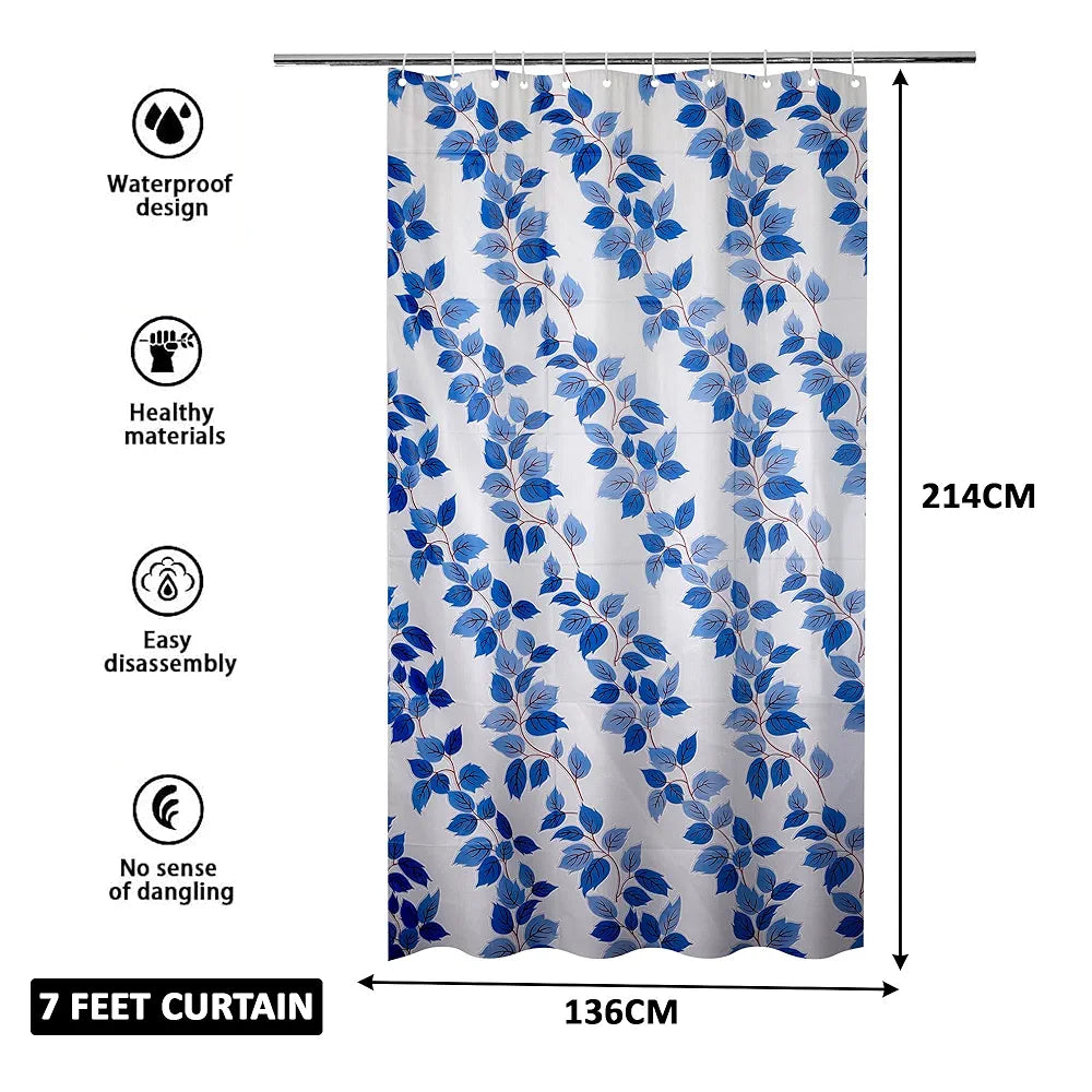 Kuber Industries Shower Curtain | 7 Feet | Bathroom Shower Curtain | AC Curtains | PVC Waterproof Window Curtain | Curtains for Bathtub | 8 Rings Curtain | Leaf Print | Blue